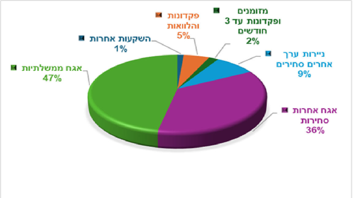 מזומן 0.78%, אג"ח ממשלתי 57.47%, אג"ח קונצרני 32.98%,ני"ע 0.33%, פקדונות 6.26%, השקעות אחרות 2.19% (הגדל)